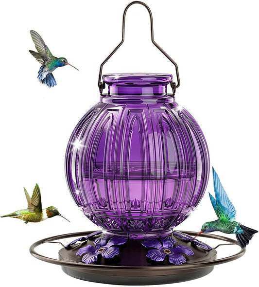 Glass Hummingbird Feeder for Outdoors Hanging, Bird Nectar Feeder with Perch & 5 Flower Feeding Ports, 26 Oz Leak Proof for Outside Garden Decor Backyard, Gifts for Women Mom, Purple