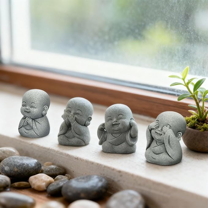 4Pcs Baby Buddha Statue Set, 2 Inch Mini Zen Monk, Sandstone Buddha for Desk Decor, Laughing Buddha for Good Luck, Car Dashboard, Home & Living Room Decor with Blessing Amulet