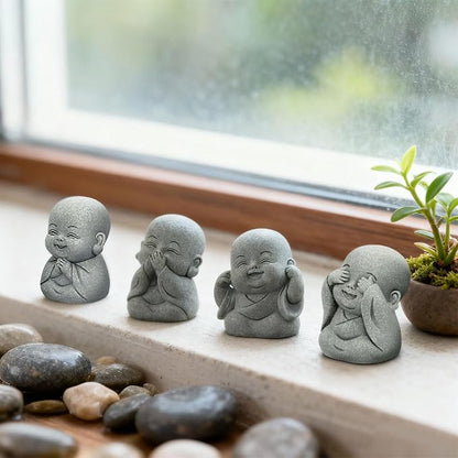 4Pcs Baby Buddha Statue Set, 2 Inch Mini Zen Monk, Sandstone Buddha for Desk Decor, Laughing Buddha for Good Luck, Car Dashboard, Home & Living Room Decor with Blessing Amulet