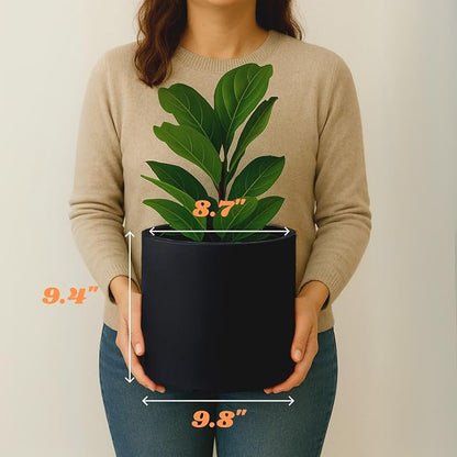 Fox & Fern Large Indoor Planter, Modern Large Plant Pot for Indoor or Outdoor, UV and Frost Resistant - 10 Inch, Matte Black Flower Pot with Drainage Plug, Lightweight