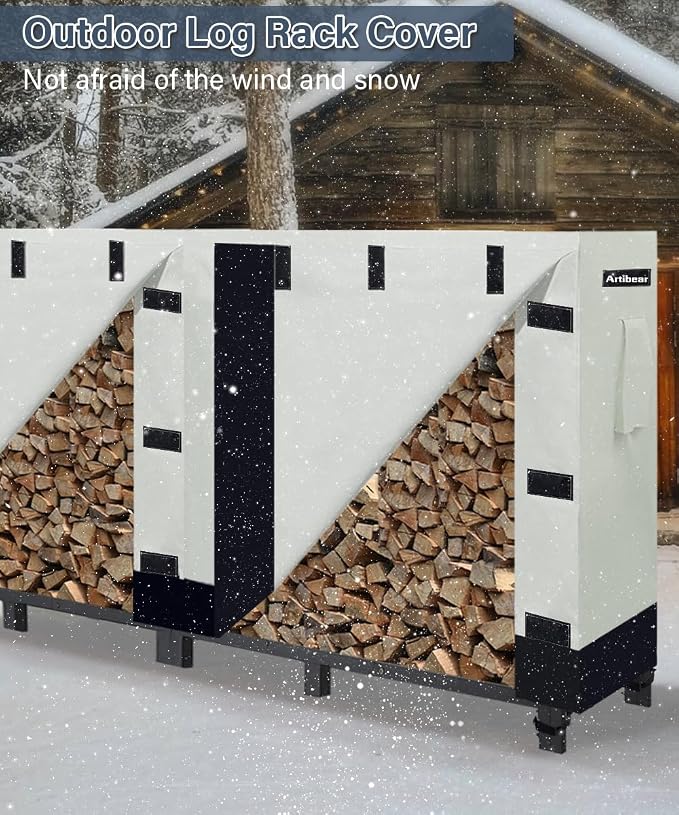 8ft Firewood Rack Cover for Wood Holder, Waterproof Wood Pile Cover for Outside, Indoor Outdoor Log Rack Cover for Firewood with Buckle, Khaki (Frame not Include)