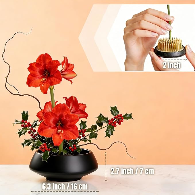 Ceramic Flower Pot Flower Arrangement Set Japanese Ikebana Floral Art Supplies Handmade Flower Bowl Decorative Flower Vase for Centerpieces (Small Black)