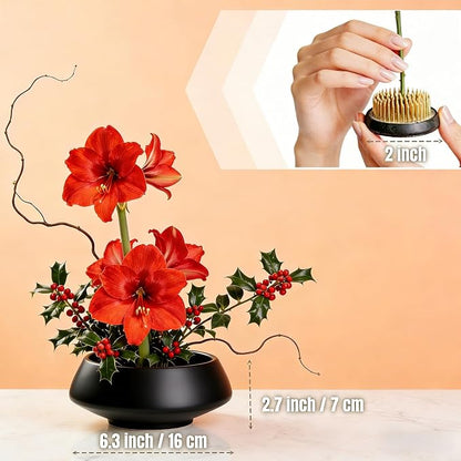 Ceramic Flower Pot Flower Arrangement Set Japanese Ikebana Floral Art Supplies Handmade Flower Bowl Decorative Flower Vase for Centerpieces (Small Black)
