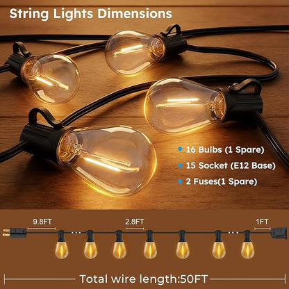 GvvooHome LED Outdoor String Lights, 50FT Waterproof Patio Lights with 16 Shatterproof S11 Plastic Bulbs, 2700K Warm White Edison Hanging Lights for Backyard, Garden, Porch, Bistro
