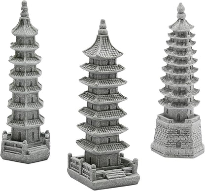 Saihisday 3PCS Mini Pagoda Sandstone Sculpture, Chinese Zen Pagoda Figurines for Garden, Office Home Desktop Decor