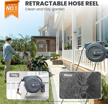 Giraffe Tools AW40 Retractable Hose Reel 5/8" x 90 ft Wall Mounted Garden Hose Reel Heavy Duty, Automatic Rewind, 180 Deg Swivel, Any Length Lock, 7 Pattern Nozzle, 90 ft, Dark Grey