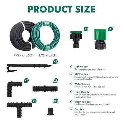 Customized Water Saving Soaker Hose System - 1/2 Inch x 50ft Soaker Hose with 25ft PVC Garden Hose, Drip Irrigation Watering Hose Kits with Fittings for Root Watering Your Garden & Vegetable Patch