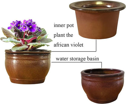African Violet Pots Self Watering Round Ceramic Violet Pot (Copper, 6 inch)