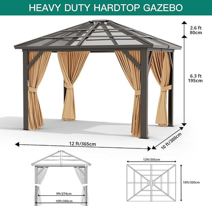 GAOMON 10x12ft Gazebo, Hardtop Outdoor Canopy Aluminum Frame Permanent Gazebo with Netting and Curtains, Polycarbonate Garden Tent for Patio, Lawn, Backyard, Deck (10'x12')