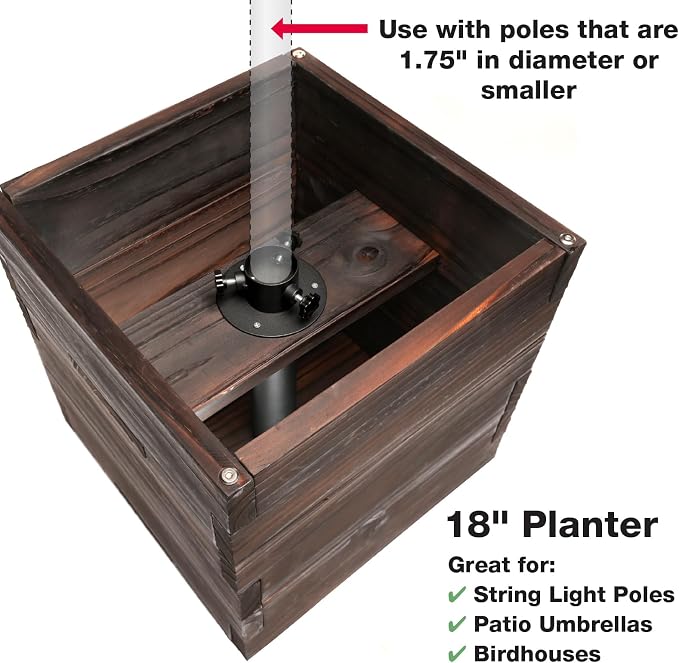 Extra Large Decorative Wooden Planter with Universal Pole Support for String Light Poles, Umbrellas, Bird Feeders. Solid Wood Outdoor Garden Patio Box for Plants or Flowers, 17"x17"x18", Brown