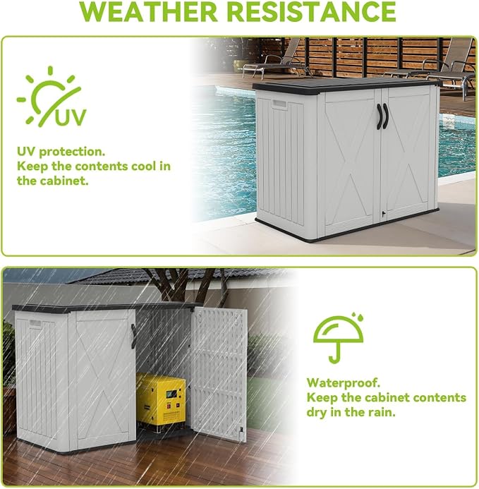 Devoko 26 Cu Ft Resin Outdoor Storage Cabinet, White | Horizontal Plastic Storage Shed with Lockable Door, Water-Resistant Backyard Storage Box for Garden Patio, Shelf Not Included