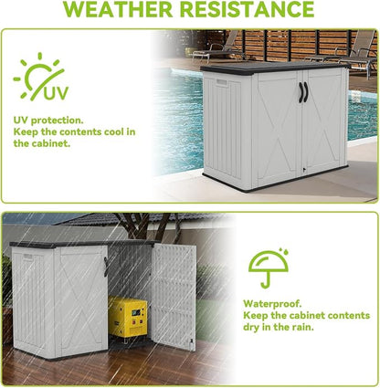 Devoko 26 Cu Ft Resin Outdoor Storage Cabinet, White | Horizontal Plastic Storage Shed with Lockable Door, Water-Resistant Backyard Storage Box for Garden Patio, Shelf Not Included
