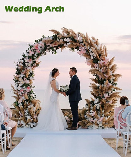 Queension Metal Wedding Arch | for Ceremony Party Decoration 8Ft Wide 7Ft High,Garden Arch Trellis with Ground Bases for Climbing Plants,Outdoor Garden Arbor for Roses Vines, Round Frame, Gold