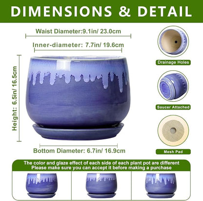 Ceramic Planter for Plants- 9 Inch Plant Pots Indoor with Drainage and Saucer, Decorative Planters, Durable Round Indoor Flower Pot, Garden Room Decor, Plant Gifts for Women Men, Blue