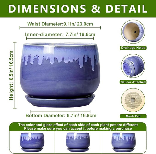 Ceramic Planter for Plants- 9 Inch Plant Pots Indoor with Drainage and Saucer, Decorative Planters, Durable Round Indoor Flower Pot, Garden Room Decor, Plant Gifts for Women Men, Blue