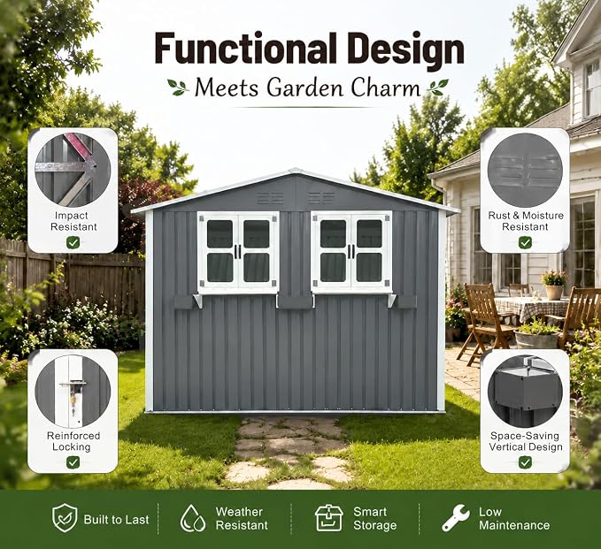 6x9 FT Outdoor Storage Shed with 2 Clear Openable Windows,Waterproof Metal Building Backyard Shed w/Windowsill & Garden Bed Flower Rack,Lockable Double Doors Tool Shed,Waterproof,for Yard,Gray