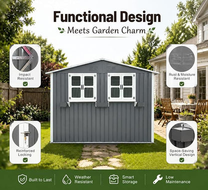 6x9 FT Outdoor Storage Shed with 2 Clear Openable Windows,Waterproof Metal Building Backyard Shed w/Windowsill & Garden Bed Flower Rack,Lockable Double Doors Tool Shed,Waterproof,for Yard,Gray