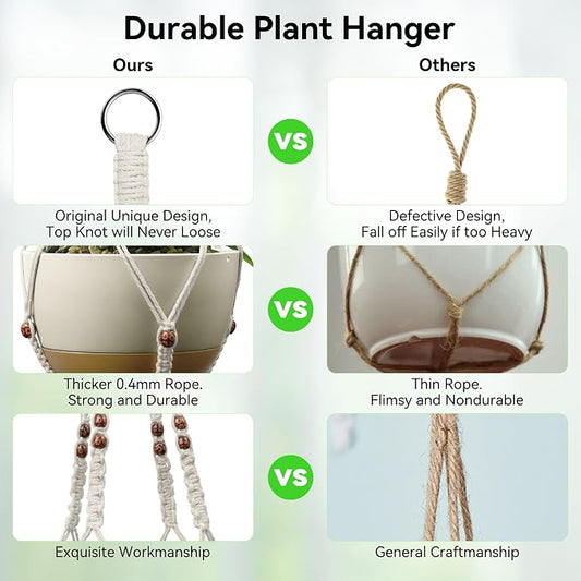 USLAI Macrame Plant Hanger Indoor Outdoor, Fits 4 to 15 Inch Pots, Strong Hanging Planter Holder, Boho Home Decor, 35+35 Inch, Ivory+Red Bead, Set of 2 (POTS NOT Included)