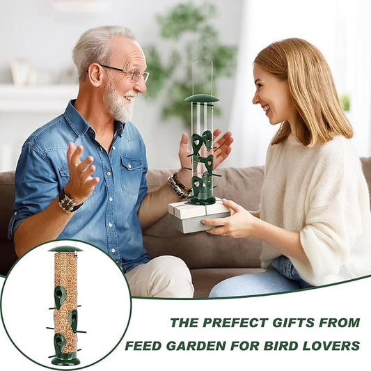FEED GARDEN Metal Bird Feeder - 6 Port Tube Feeder for Outdoors, Heavy Duty Squirrel Proof with Metal Lid, Easy Fill & Clean, Weather Resistant, 13 Inch 2 Pack