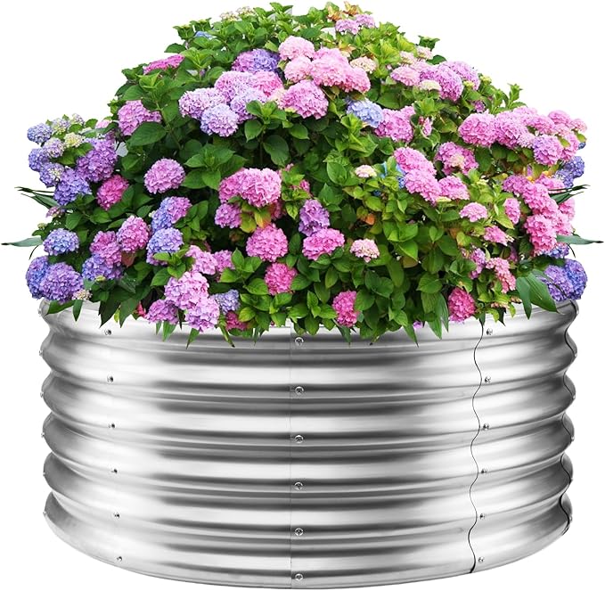 YSEJOMP 17" Tall 40" Diameter Round Raised Garden Bed Kits Outdoor Silver | 1.5 FT Tall,3.3FT Planter Bed for Flowers,Herbs,Vegetables,Trees,0.8MM Thick Galvanized Metal,with Gloves,Tool free