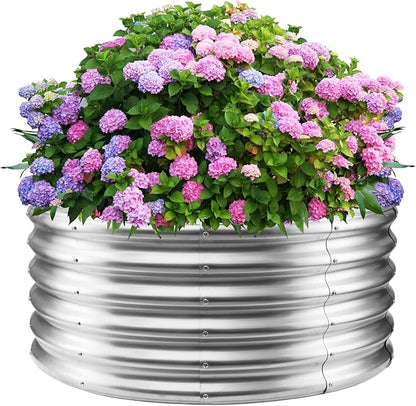 YSEJOMP 17" Tall 40" Diameter Round Raised Garden Bed Kits Outdoor Silver | 1.5 FT Tall,3.3FT Planter Bed for Flowers,Herbs,Vegetables,Trees,0.8MM Thick Galvanized Metal,with Gloves,Tool free