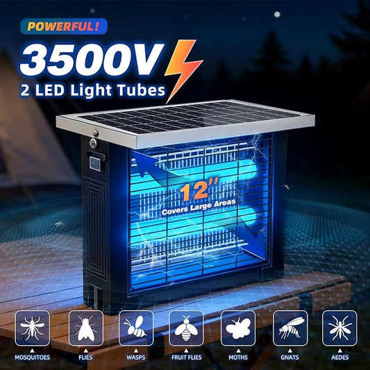 Solar Bug Zapper Outdoor for 2000 sq.ft with 13FT Extension Cord | Outdoor Portable Solar Mosquito Zapper, Rechargeable Solar Bug Zapper with High Powered for Patio Garden Backyard RV Camping