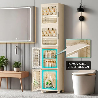 4-Tier Tall Narrow Bathroom Storage Cabinet for Small Space,Beige | Quick Assembly,Foldable,Plastic Organizers,Magnetic Doors,Adjustable Shelves,Slim Storage Cabinet,Wheels