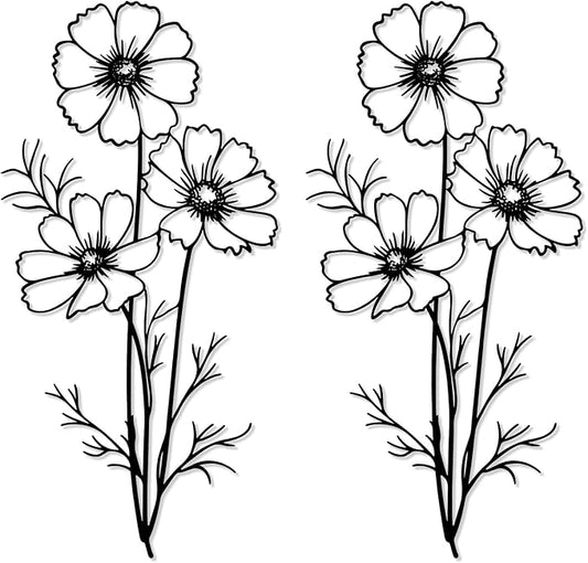 DETENE 2-Pack Black Silhouette Flower Metal Wall Art – Simple Minimalist Modern Decorative Metal Flower Wall Decor for Living Room, Bedroom, Office