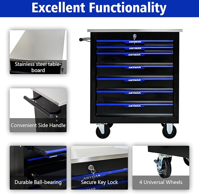 7-Drawer Rolling Tool Chest, Lockable Stainless Top for Garage, Black&Blue | Heavy Duty Modular Roll Around Tool Cabinet with Drawers for Workshop and Tool Box Storage