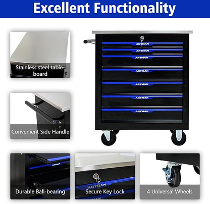 7-Drawer Rolling Tool Chest, Lockable Stainless Top for Garage, Black&Blue | Heavy Duty Modular Roll Around Tool Cabinet with Drawers for Workshop and Tool Box Storage