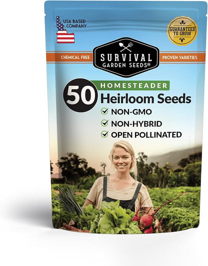 Homesteader 50 Pack Seed Vault for Planting Victory Gardens | Non-GMO Heirloom Vegetable, Fruit, Herb Seeds to Grow Food for Storage, Emergency Preparedness - Survival Garden Seeds