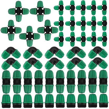 1/4 Inch Drip Irrigation Fittings Kit, 50Pcs Drip Connectors for 1/4" Tubing, Drip Line Connectors with Elbow Coupling Tee 4-Way End Cap, Irrigation Parts for Garden Greenhouse Flower Garden Watering