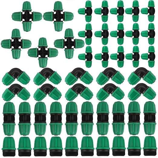 1/4 Inch Drip Irrigation Fittings Kit, 50Pcs Drip Connectors for 1/4" Tubing, Drip Line Connectors with Elbow Coupling Tee 4-Way End Cap, Irrigation Parts for Garden Greenhouse Flower Garden Watering