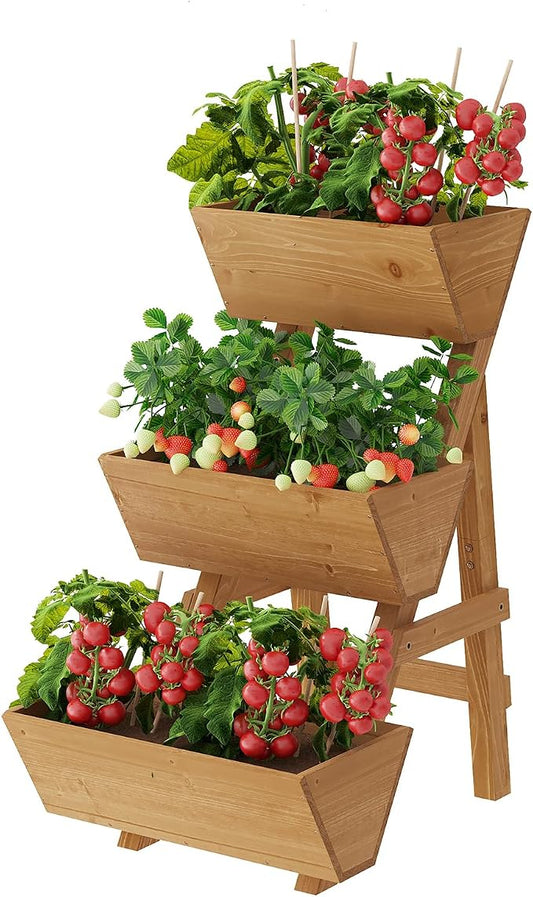 3-Tier Wooden Vertical Raised Garden Bed with Legs, Tiered Planter Box, Vertical Garden Planter,Wood Plant Stand Wood Flower Rack for Patio, Balcony, Freestanding (Brown-Small)