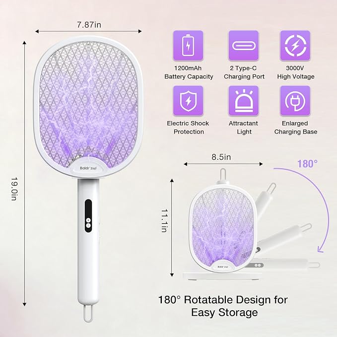 BALDR Electric Fly Swatter Racket, Foldable 2 in 1 Bug Zapper 3000V Powerful Mosquito Killer with Purple Attractant Trap Lamp, 1200mAh Type-C Rechargeable for Indoor Home Office Patio Camping