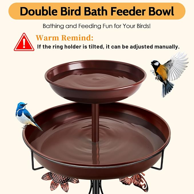 Daoeny Bird Bath for Outside, 42In Vintage Freestanding Birdbaths for Outdoors, Double Metal Bird Bath Feeder Bowls for Garden Patio Yard Lawn Decor, Upgraded 5-Pronged Base (Brown)
