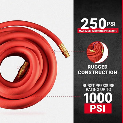 MILTON Strength Air Hose Reel w/Auto- Retractable Steel Dual Arm, 3/8" MNPT x 50 ft. Hybrid Rubber Hose & 1635 50 Foot EPDM 3/8" ID Rubber Air Hose