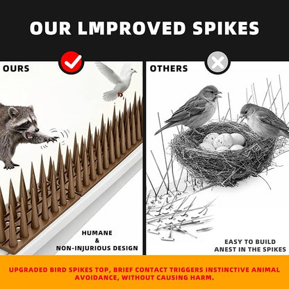 Bird Spikes, 24 Pack, 33.5 FT Total Coverage, Outdoor Bird Deterrent for Pigeons and Small Birds, Helps Keep Cats and Squirrels Away, Plastic Spikes for Fences, Railings and Roofs, Brown