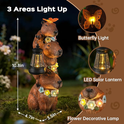 Capybara Solar Garden Statue, Outdoor Capybara Statue with Flower Decoration & Lantern Light, Funny Triple Capybara Decor for Women, Capybara Figurine for Yard Garden Patio Lawn Ornaments