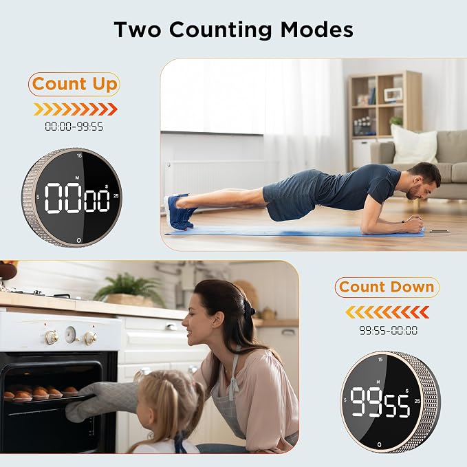 Digital Kitchen Timer - Magnetic Countdown Count Up Clock with Large LED Display, 5/15/25 Min Presets, 3 Volume Levels, Rotary Dial for Cooking, Productivity, Classroom, Fitness (1, Tarnish)
