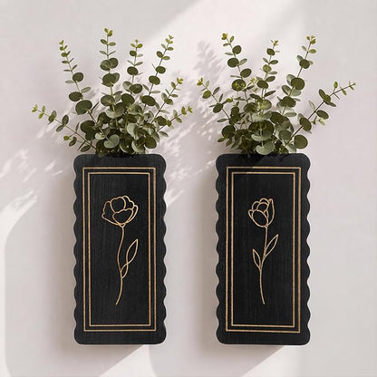 2 Pack Wooden Wall Planter Vase, Scalloped Farmhouse Wall Decor with Floral Line Art, Rustic Hanging Pockets for Faux Flowers, Living Room, Bathroom, Entryway(Black)