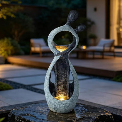 39.8" H Large Outdoor Water Fountain, Floor Garden Waterfall Feature, Modern Abstract Couple Resin Statue with LED Light, Fountain for Porch Yard Backyard Patio, Living Room Decor