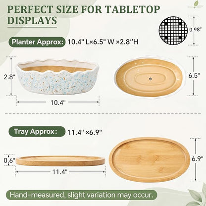 Succulent Planter Pot with Drainage Holes Large Ceramic Glazed Planter with Bamboo Wooden Tray and mesh Pads Shallow Bonsai Pot for Indoor Cactus Flower Plant(Wave-Shaped,Speckle)