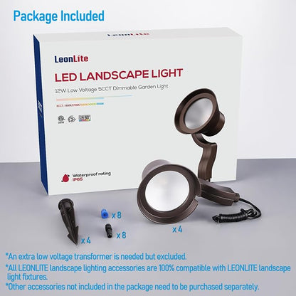 LEONLITE 4-Pack 5CCT Wall Wash Dimmable LED Low Voltage Landscape Lights | 12W/7.3W/3.7W, Landscape Spotlights Outdoor, 12-24V AC/DC, 1800K/2700K/3500K/4000K/5000K, IP65, ETL Listed, Aluminum