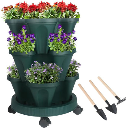 GameXcel Vertical Planter Tower - 3 Tier Stackable Garden Planters with Wheels and Tools Plant Pots for Strawberry Herb Flower and Vegetable Indoor Outdoor Use Green