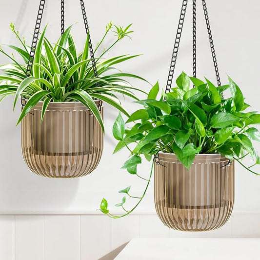 Halatool 2 Pack 6.5 Inch Self-Watering Hanging Planters for Indoor Plants, Outdoor Flower Pots with 2 Metal Chains, Visible Water Level Indicator & Drainage Holes for Wall, Garden, Home (Starry Gray)