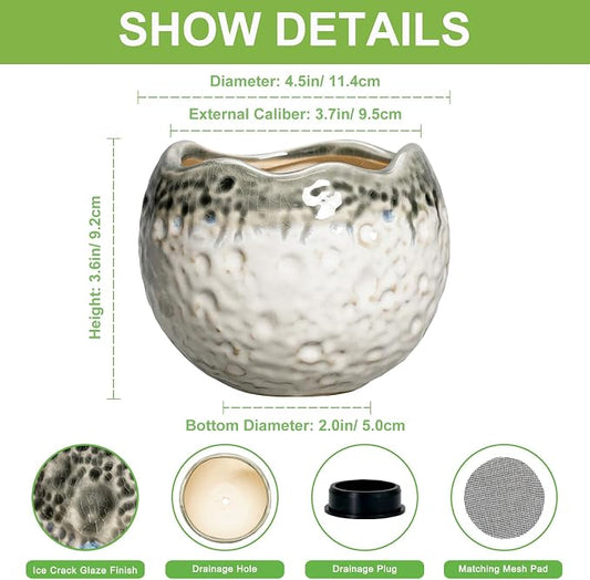 Ceramic Plant Pots 4 Inch - Small Ceramic Planter with Drainage Hole and Plug, Modern Unique Pots for Plants Indoor Outdoor, Decorative Round Planter, Home Decor, Garde Gifts, Beige-Grey
