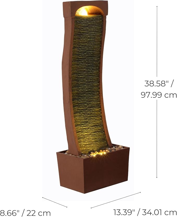 Teamson Home 38.5" Indoor/Outdoor Modern Curved Faux Slate Waterfall Fountain with LED Lights, Red Rock | Freestanding, Faux Slate, LED Lights, Red Rock, Weather-Resistant
