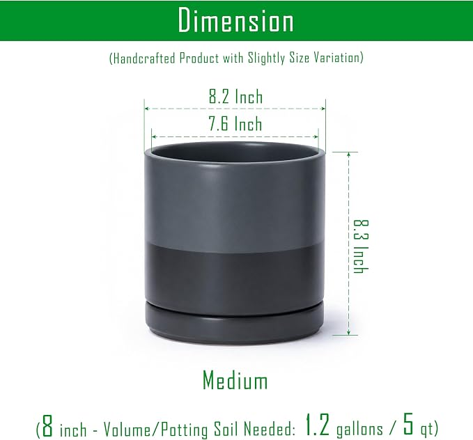 D'vine Dev 8 Inch Ceramic Planter Pot, Slate, 94-O-D-5 | Modern Cylinder Design, Drainage Hole & Saucer Included, Stable Structure, Elegant Home Accent