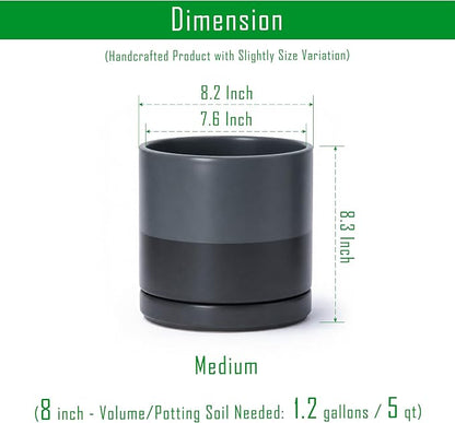 D'vine Dev 8 Inch Ceramic Planter Pot, Slate, 94-O-D-5 | Modern Cylinder Design, Drainage Hole & Saucer Included, Stable Structure, Elegant Home Accent